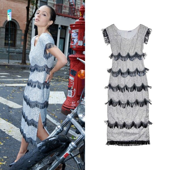 Batsheva NEW Octavia Cocktail Party Formal Midi Dress in Silver Sequin Size 6 - Picture 5 of 13